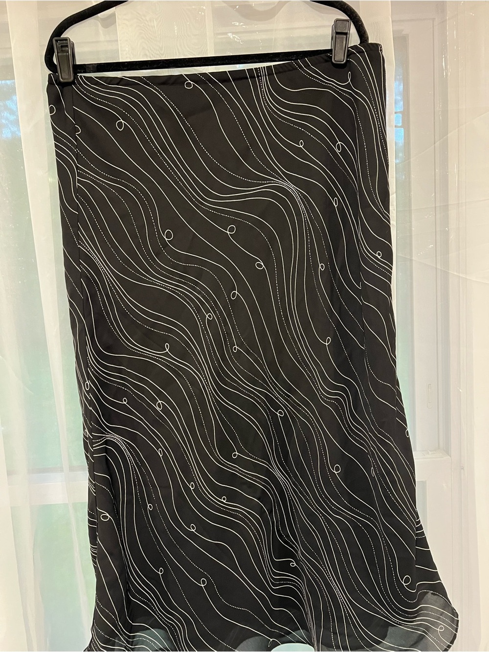 Black Midi Skirt with White Wave Print